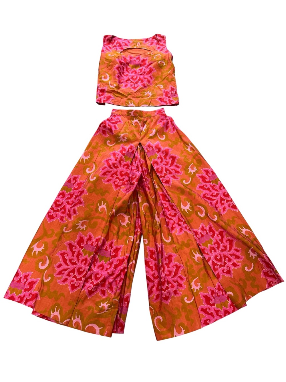60’s 2-piece silk floral paisley Hostess gown palazzo pant set. Xs pink/orange